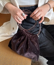 カラビナ付きベロアスタッズ巾着BAG