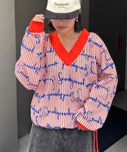 【SOUNDS GOOOOD】総柄ロゴ刺繍シアーVニットソー