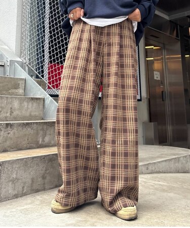 【UNISEX】ネルチェックタックボリュームワイドパンツ