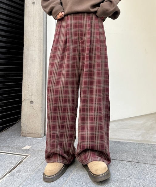 【UNISEX】ネルチェックタックボリュームワイドパンツ