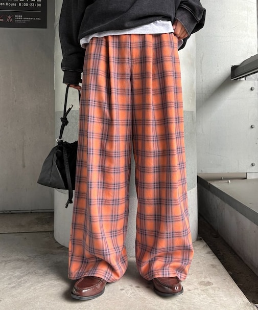 【UNISEX】ネルチェックタックボリュームワイドパンツ