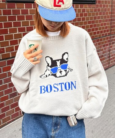 【ユニセックス】犬アソート柄ロゴジャガードニット