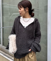 メランジVネックニットフーディー