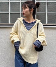 メランジVネックニットフーディー