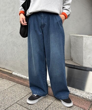 【冬も暖かい◎】表起毛/2タックデニムワイドスラックスパンツ