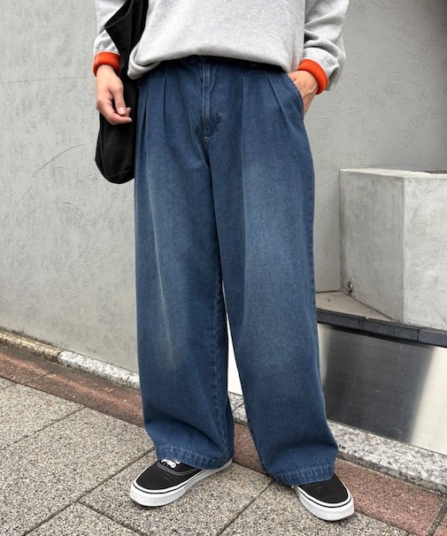 【冬も暖かい◎】表起毛/2タックデニムワイドスラックスパンツ