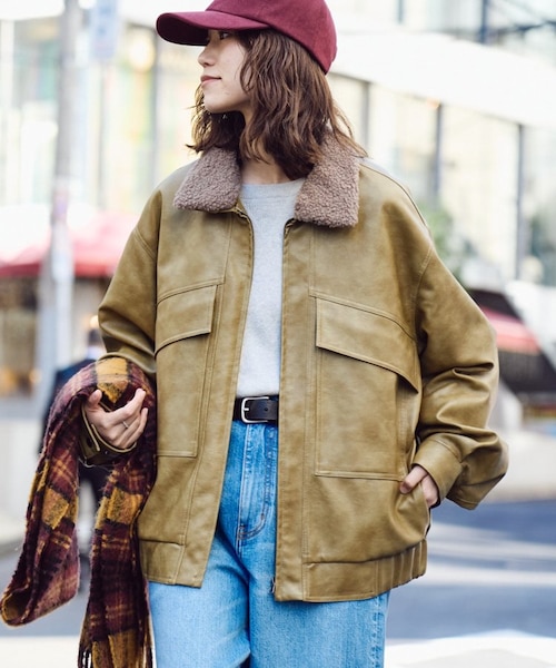 ユニセックス】襟ボア取り外し可能/合皮/レザージップアップブルゾン