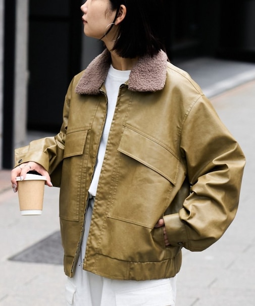 【ユニセックス】襟ボア取り外し可能/合皮/レザージップアップブルゾン