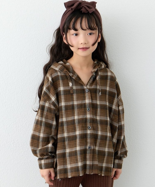 【KIDS】【ジュニアサイズあり】裾断ち切り微起毛チェックフードシャツ