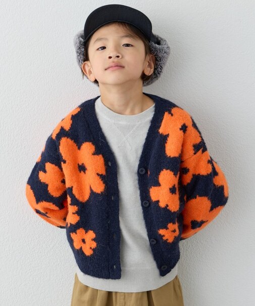 【KIDS】【ジュニアサイズあり】総柄フラワーニットカーデ《ユニセックス》