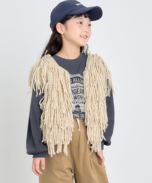 【KIDS】【ジュニアサイズあり】洗える手編みタッチフリンジニットベスト