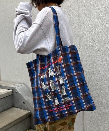 【SOUNDS GOOOOD】犬プリントネルチェックトートバッグ