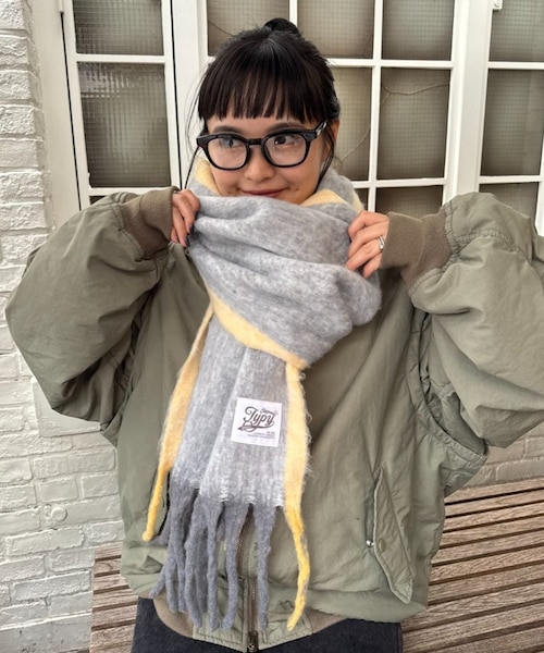 ヨウジヤマモトウールマフラー グレーとイエロー フリンジ付き ヨウジヤマモトウールマフラー グレーとイエロー フリンジ付き Yohji