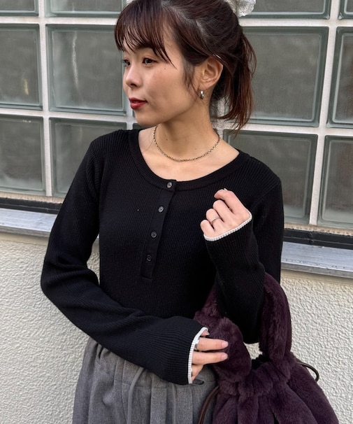 ヘンリーネック配色アンチピリングニット