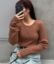 ヘンリーネック配色アンチピリングニット