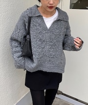 【チクチクしない！】スキッパー襟付きケーブルニット