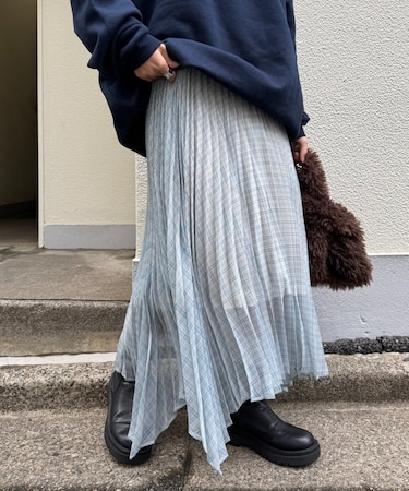 【チュニックとしても◎】2WAイレギュラーヘムプリーツチェックスカート
