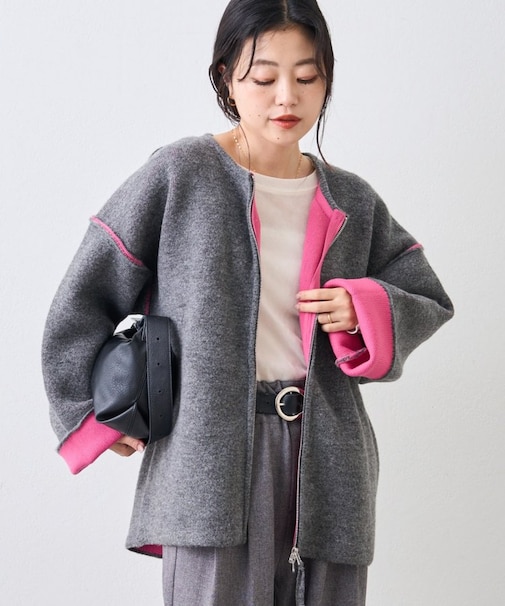 【軽アウターとしても◎/ふわもち】ダブルジップ配色ヤクライクニットジャケット