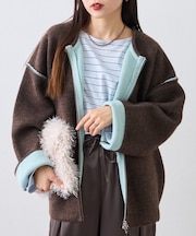 【軽アウターとしても◎/ふわもち】ダブルジップ配色ヤクライクニットジャケット