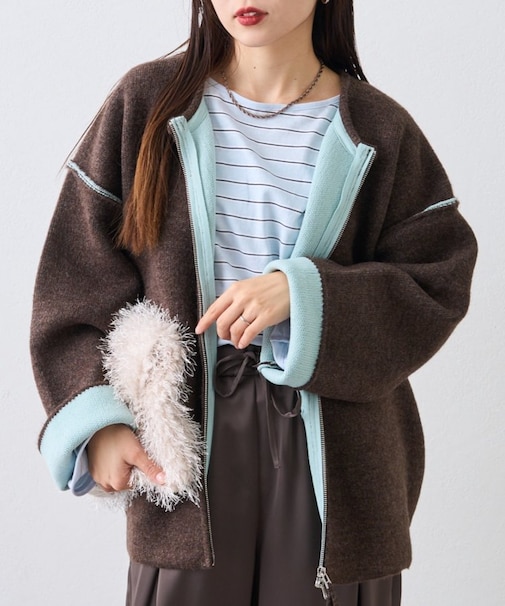 【軽アウターとしても◎/ふわもち】ダブルジップ配色ヤクライクニットジャケット