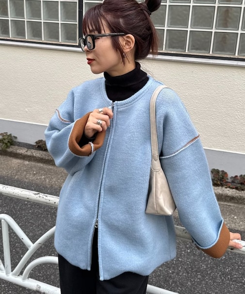 【軽アウターとしても◎/ふわもち】ダブルジップ配色ヤクライクニットジャケット