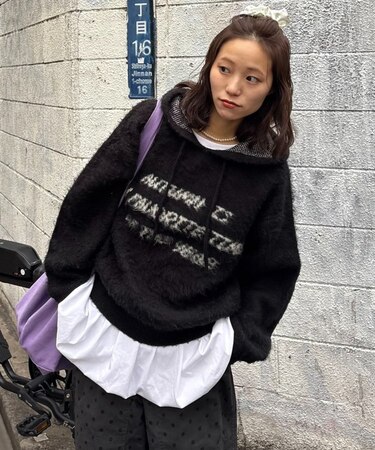 モヘアタッチロゴニットフーディー