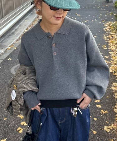 裾リブ配色ニットポロ