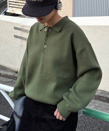 裾リブ配色ニットポロ