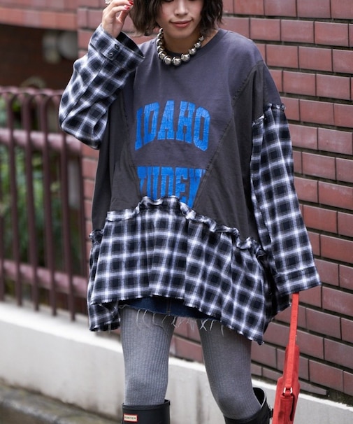 【etsinta/エシンタ】リメイクチェックフリルtee