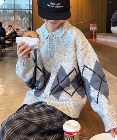 【UNISEX】アーガイル襟ネップニットカーディガン