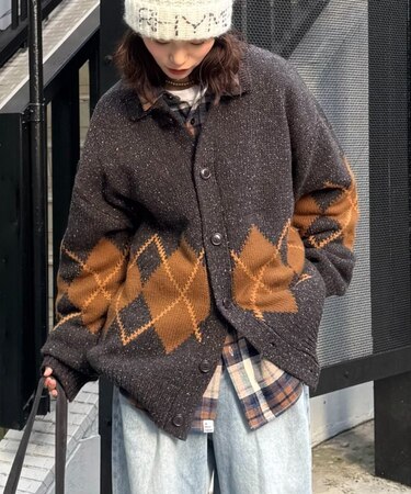 【UNISEX】アーガイル襟ネップニットカーディガン