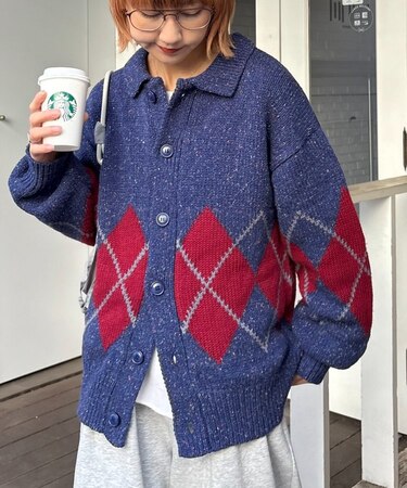 【UNISEX】アーガイル襟ネップニットカーディガン