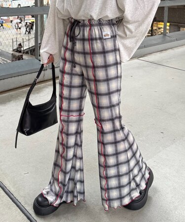 ★H.Sチェックメロー切り替えフレアパンツ