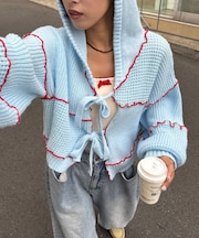 ★H.S配色メローパッチワークフーディーカーデ