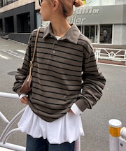 ピグメント加工ボーダー襟付きトップス