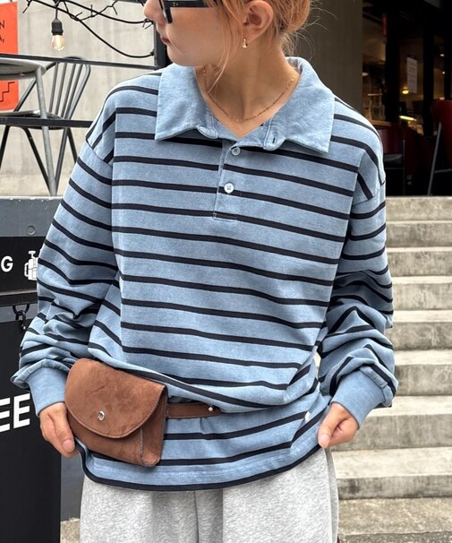 ピグメント加工ボーダー襟付きトップス