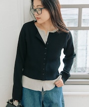 【マイナス3kg見え】レイヤードライクマルチウェイ配色リブニットカーデ