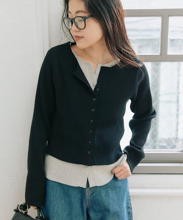 【マイナス3kg見え】レイヤードライクマルチウェイ配色リブニットカーデ