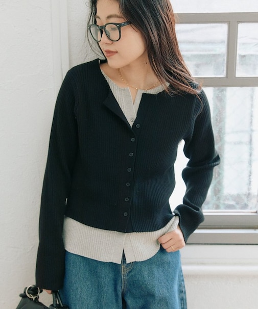 【マイナス3kg見え】レイヤードライクマルチウェイ配色リブニットカーデ