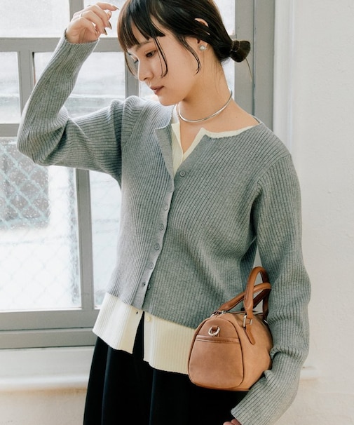 【マイナス3kg見え】レイヤードライクマルチウェイ配色リブニットカーデ