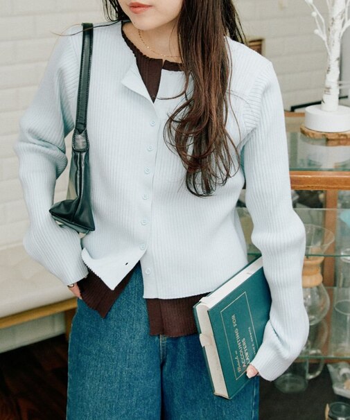 【マイナス3kg見え】レイヤードライクマルチウェイ配色リブニットカーデ