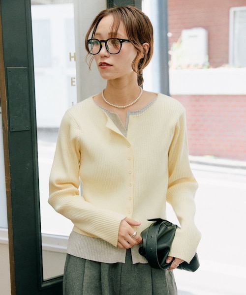 マイナス3kg見え】レイヤードライクマルチウェイ配色リブニットカーデ