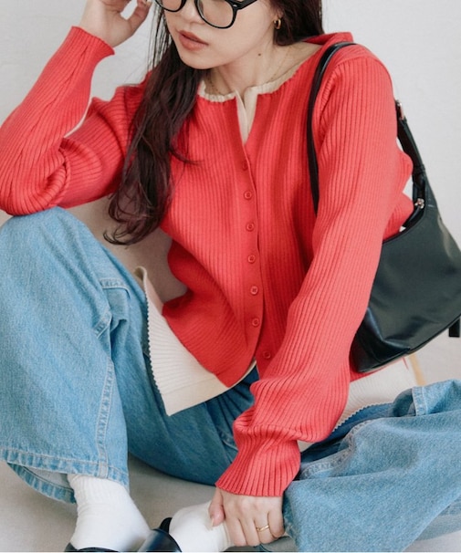 【マイナス3kg見え】レイヤードライクマルチウェイ配色リブニットカーデ