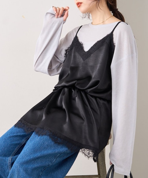 サテンレースウエストドロストキャミチュニック