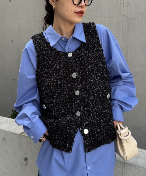 銀ボタンツイードニットベスト