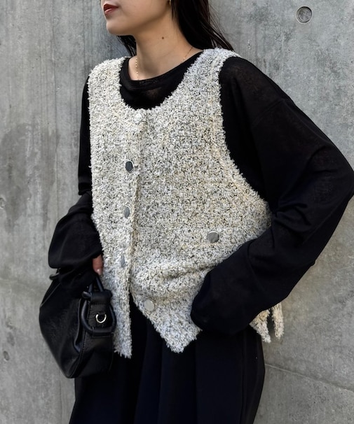 銀ボタンツイードニットベスト