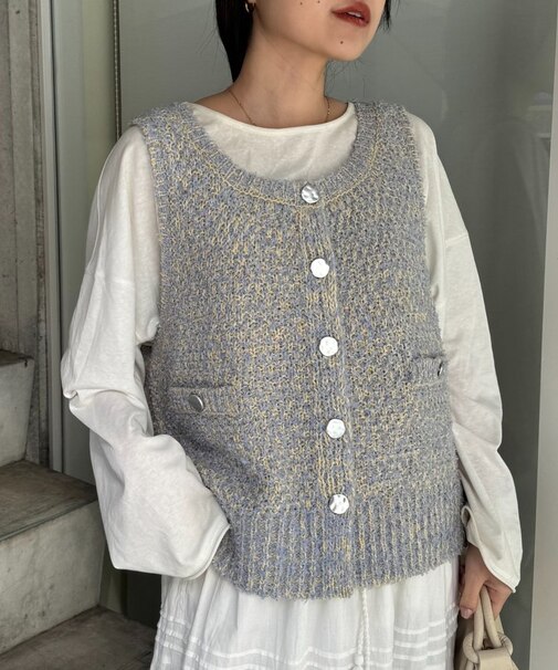銀ボタンツイードニットベスト