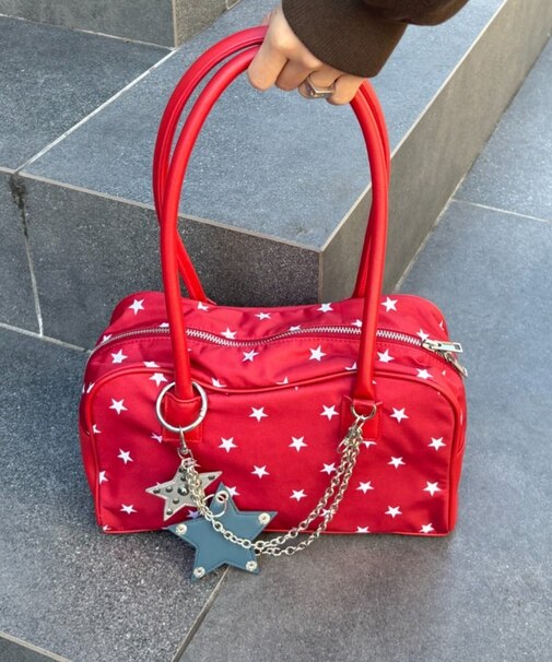【UNISEX】星チャーム付きアソート柄ボストンBAG