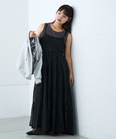 【india】ヴィンテージライクメッシュドットキャミワンピース