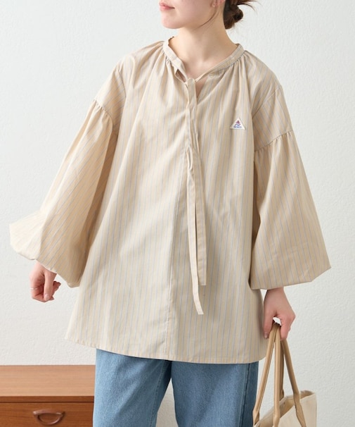 【GEVACO】ストライプ柄ボウタイギャザーチュニックブラウス
